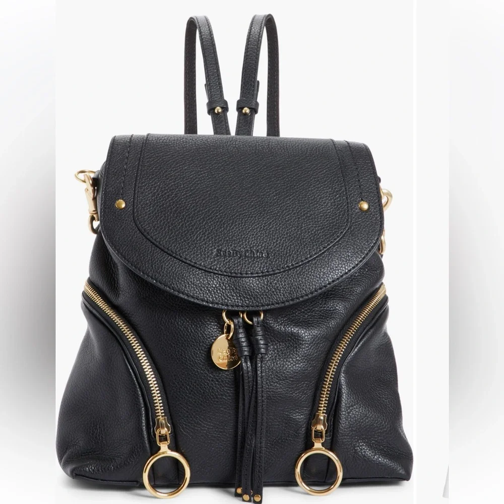 See By Chloe Olga Large Leather Black Backpack with Gold Accents